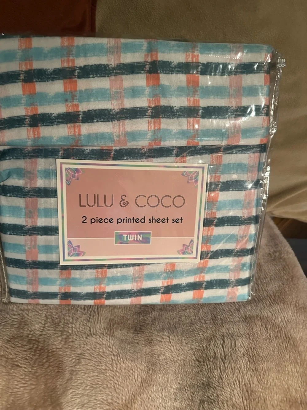 Lulu & Coco Twin 2-Piece Printed Sheet Set - Blue, Coral, White Plaid